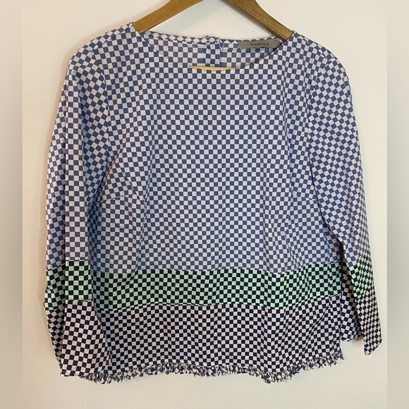 Tuckernuck Marella Damie Fringe Trim Button Back Checkerboard Top - Picture 5 of 8